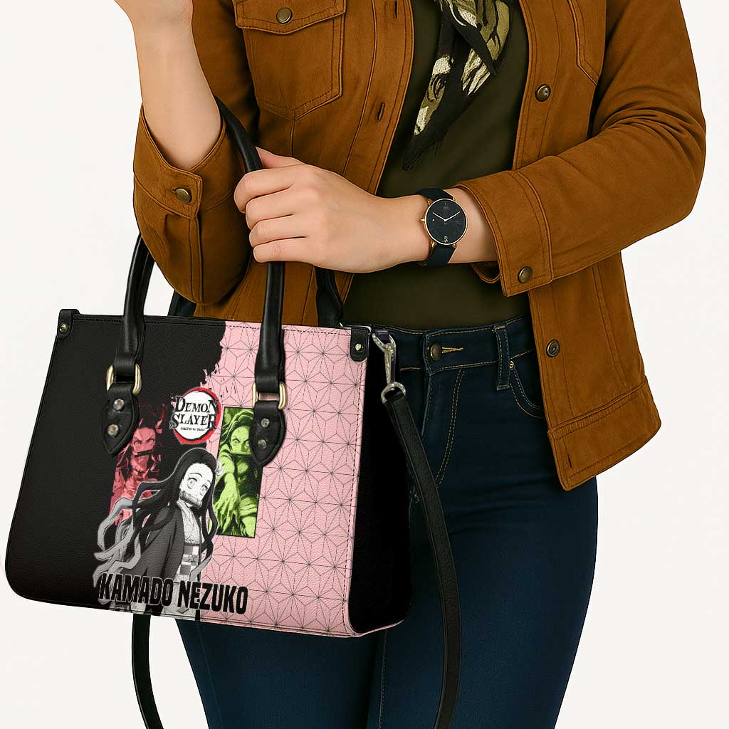 Nezuko Kamado from Demon Slayer Leather Bag with Pink Pattern Kimono and Demon Form Flames Design - The Mazicc