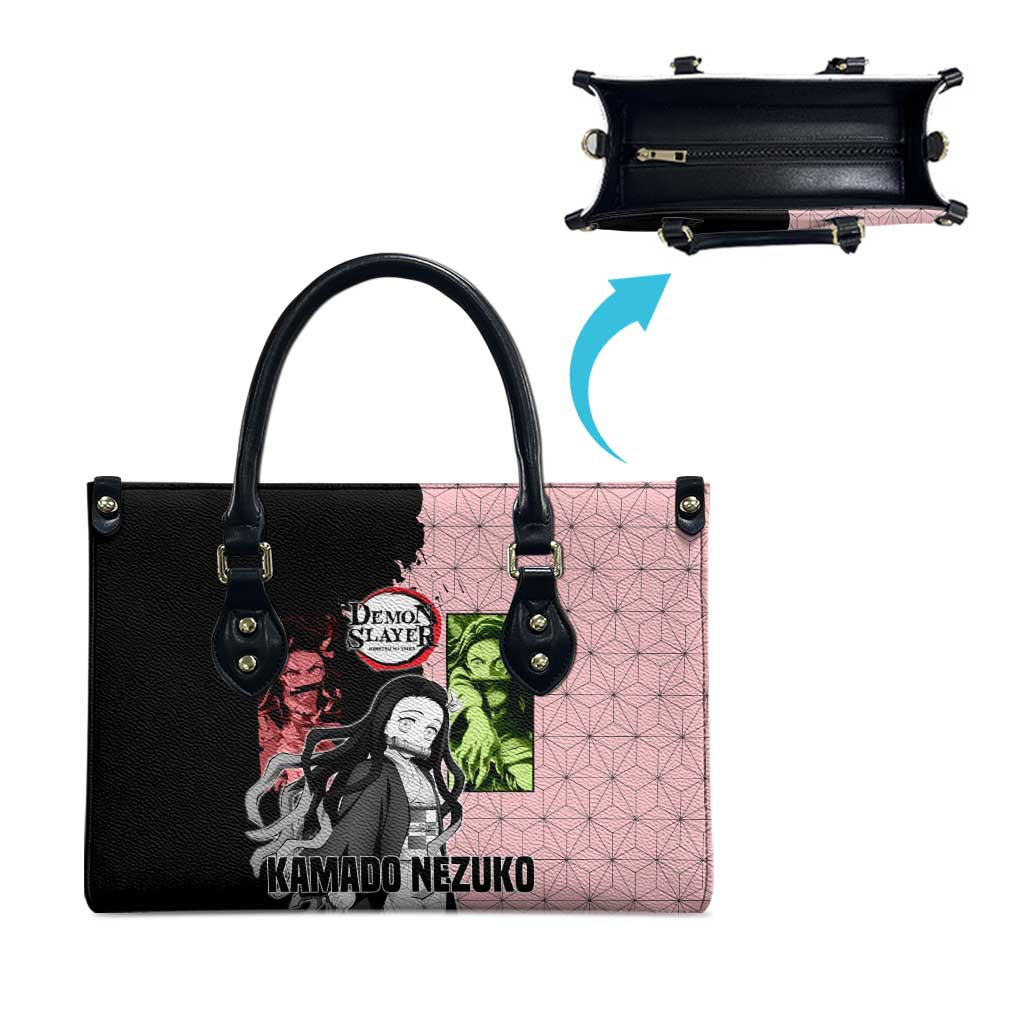 Nezuko Kamado from Demon Slayer Leather Bag with Pink Pattern Kimono and Demon Form Flames Design - The Mazicc