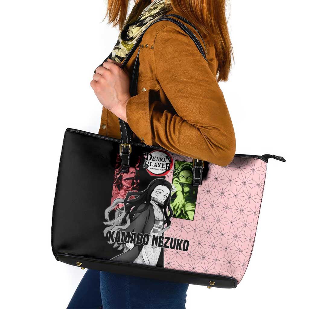 Nezuko Kamado from Demon Slayer Leather Tote Bag with Pink Pattern Kimono and Demon Form Flames Design - The Mazicc