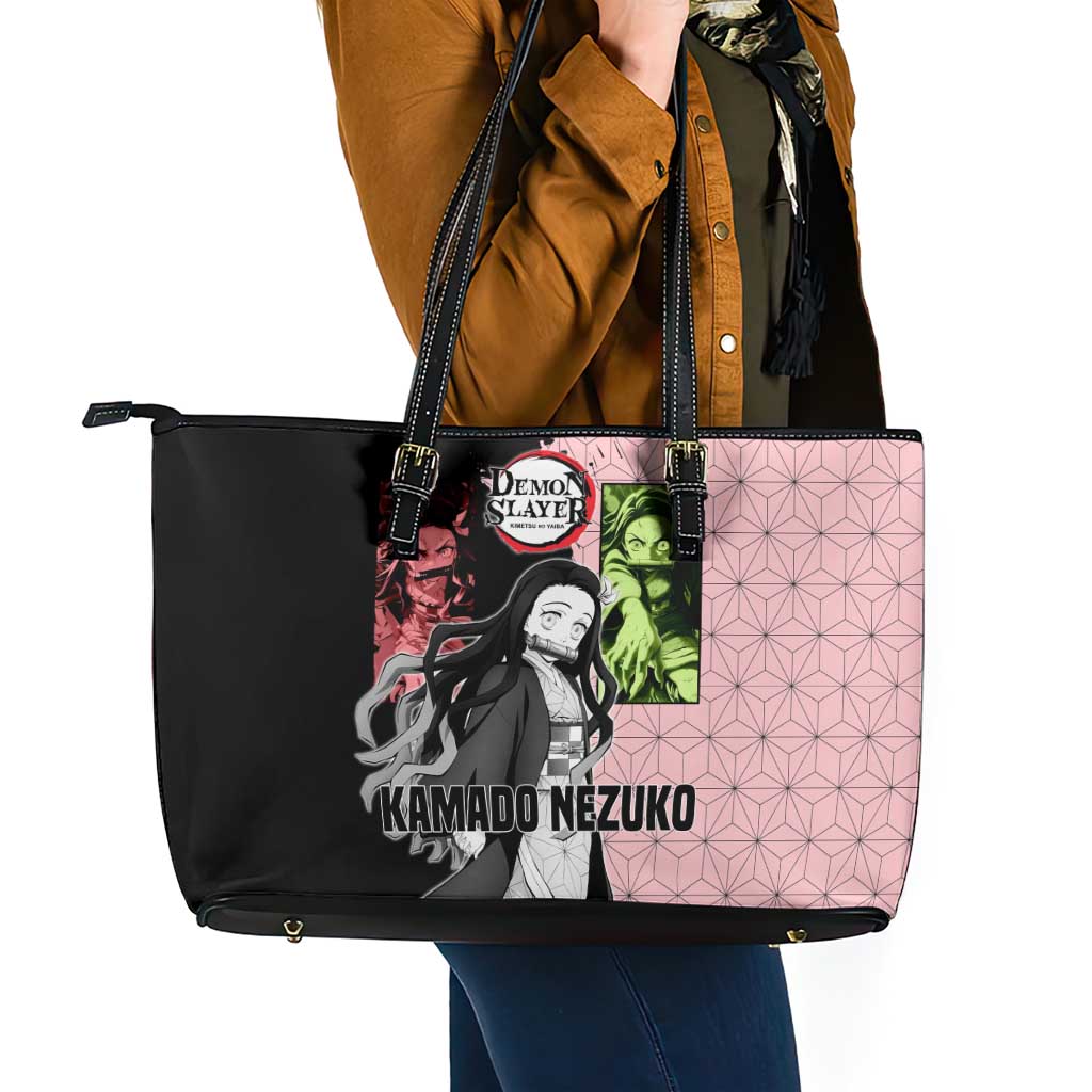 Nezuko Kamado from Demon Slayer Leather Tote Bag with Pink Pattern Kimono and Demon Form Flames Design - The Mazicc