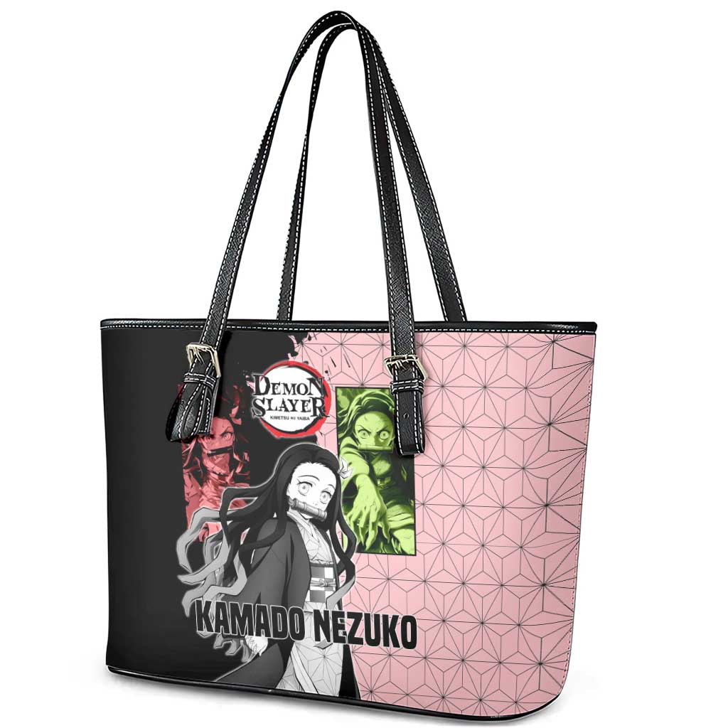 Nezuko Kamado from Demon Slayer Leather Tote Bag with Pink Pattern Kimono and Demon Form Flames Design - The Mazicc