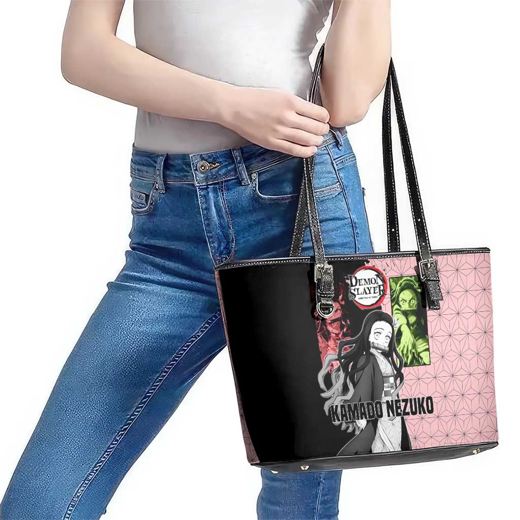 Nezuko Kamado from Demon Slayer Leather Tote Bag with Pink Pattern Kimono and Demon Form Flames Design - The Mazicc