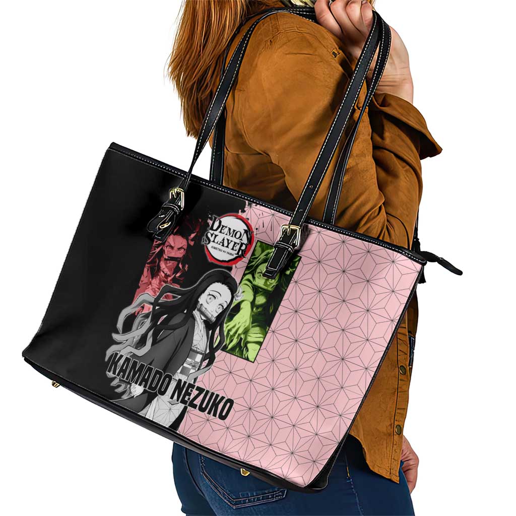Nezuko Kamado from Demon Slayer Leather Tote Bag with Pink Pattern Kimono and Demon Form Flames Design - The Mazicc