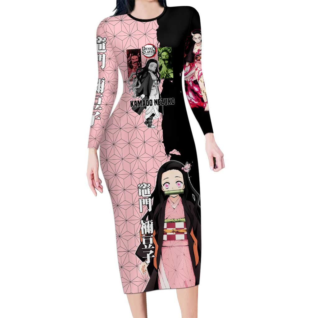 Nezuko Kamado from Demon Slayer Long Sleeve Bodycon Dress with Pink Pattern Kimono and Demon Form Flames Design - The Mazicc
