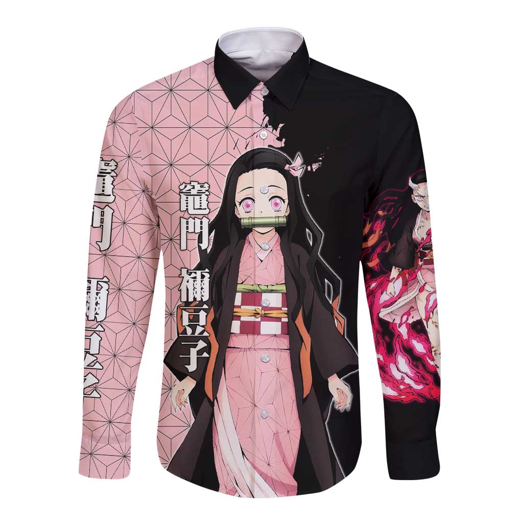 Nezuko Kamado from Demon Slayer Long Sleeve Button Shirt with Pink Pattern Kimono and Demon Form Flames Design - The Mazicc