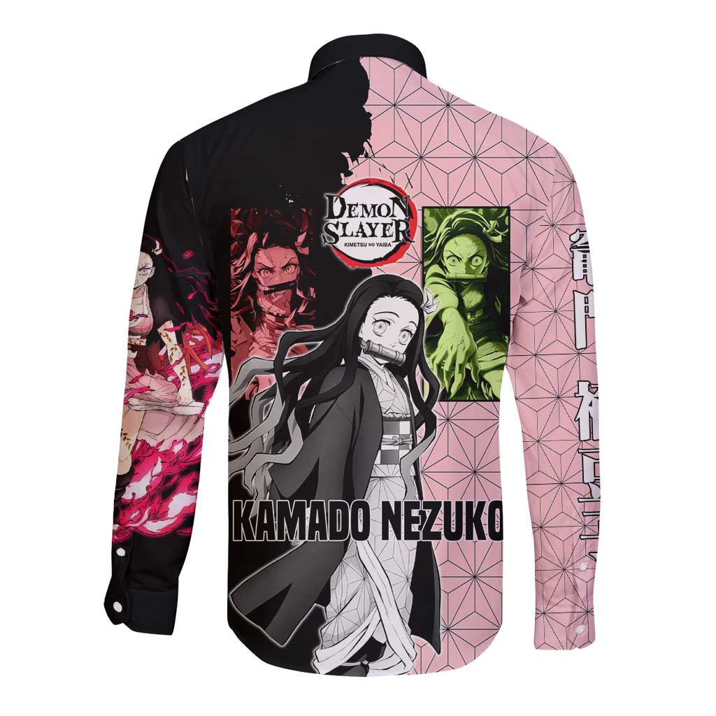 Nezuko Kamado from Demon Slayer Long Sleeve Button Shirt with Pink Pattern Kimono and Demon Form Flames Design - The Mazicc