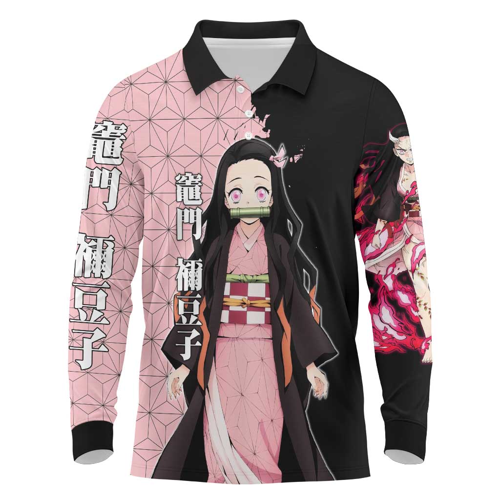 Nezuko Kamado from Demon Slayer Long Sleeve Polo Shirt with Pink Pattern Kimono and Demon Form Flames Design - The Mazicc