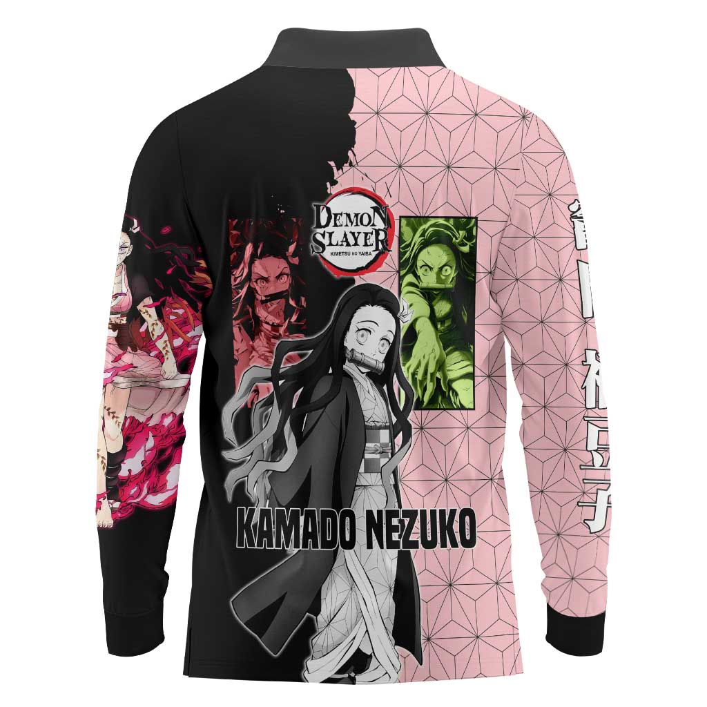 Nezuko Kamado from Demon Slayer Long Sleeve Polo Shirt with Pink Pattern Kimono and Demon Form Flames Design - The Mazicc