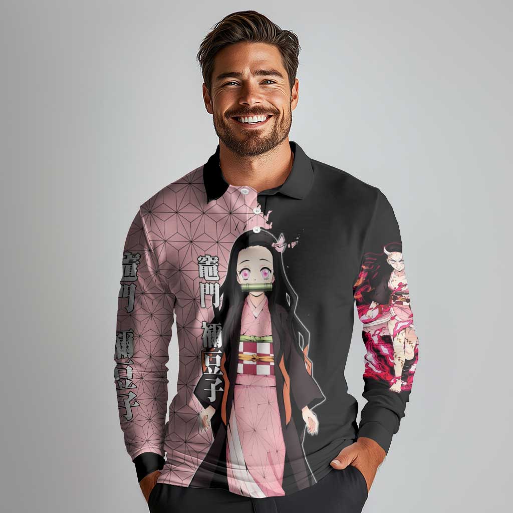 Nezuko Kamado from Demon Slayer Long Sleeve Polo Shirt with Pink Pattern Kimono and Demon Form Flames Design - The Mazicc
