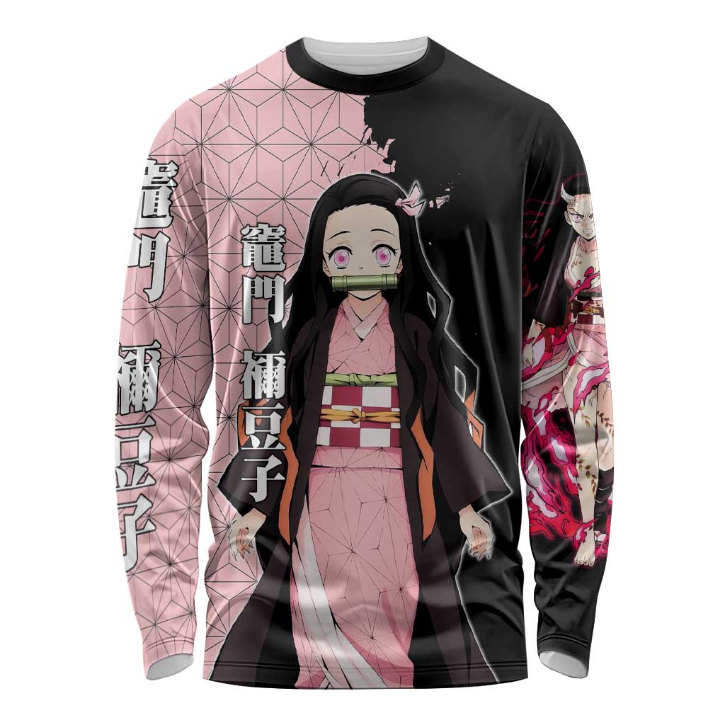 Nezuko Kamado from Demon Slayer Long Sleeve Shirt with Pink Pattern Kimono and Demon Form Flames Design - The Mazicc