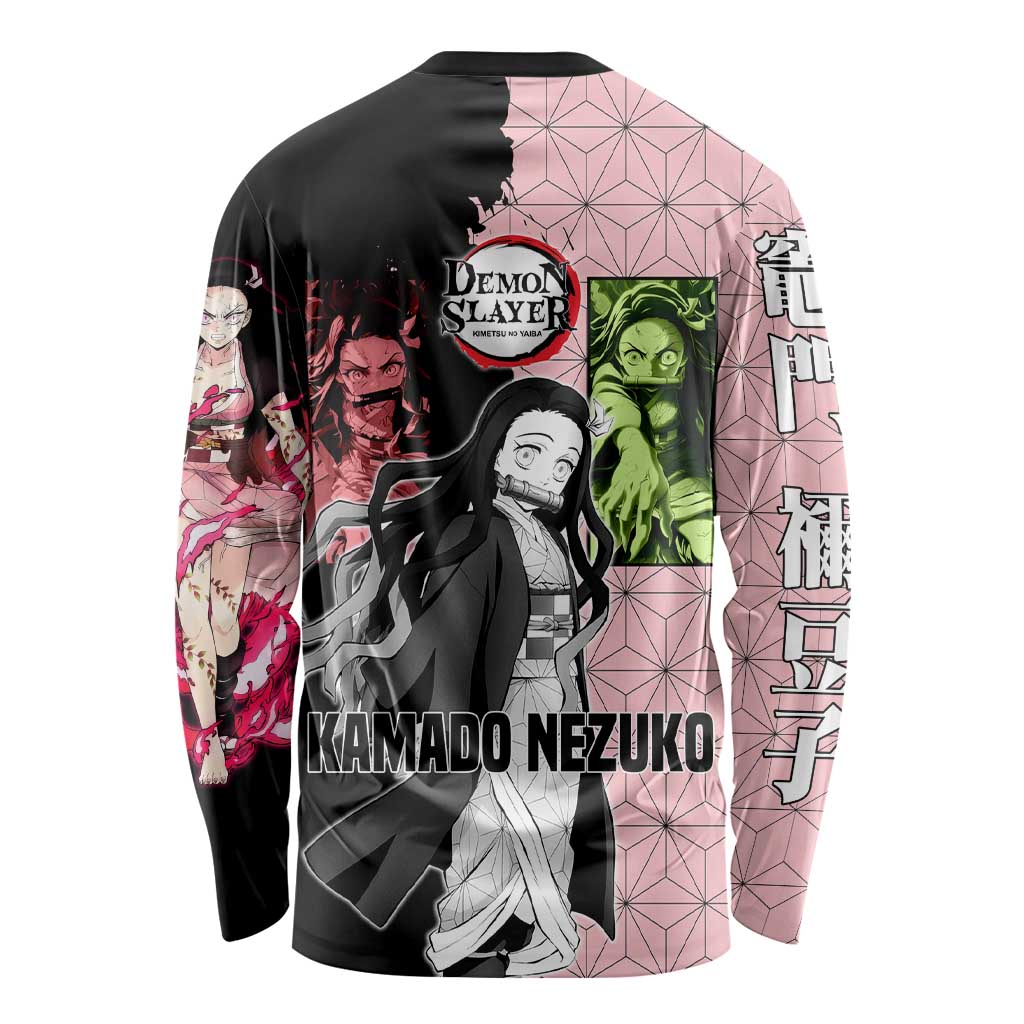 Nezuko Kamado from Demon Slayer Long Sleeve Shirt with Pink Pattern Kimono and Demon Form Flames Design - The Mazicc
