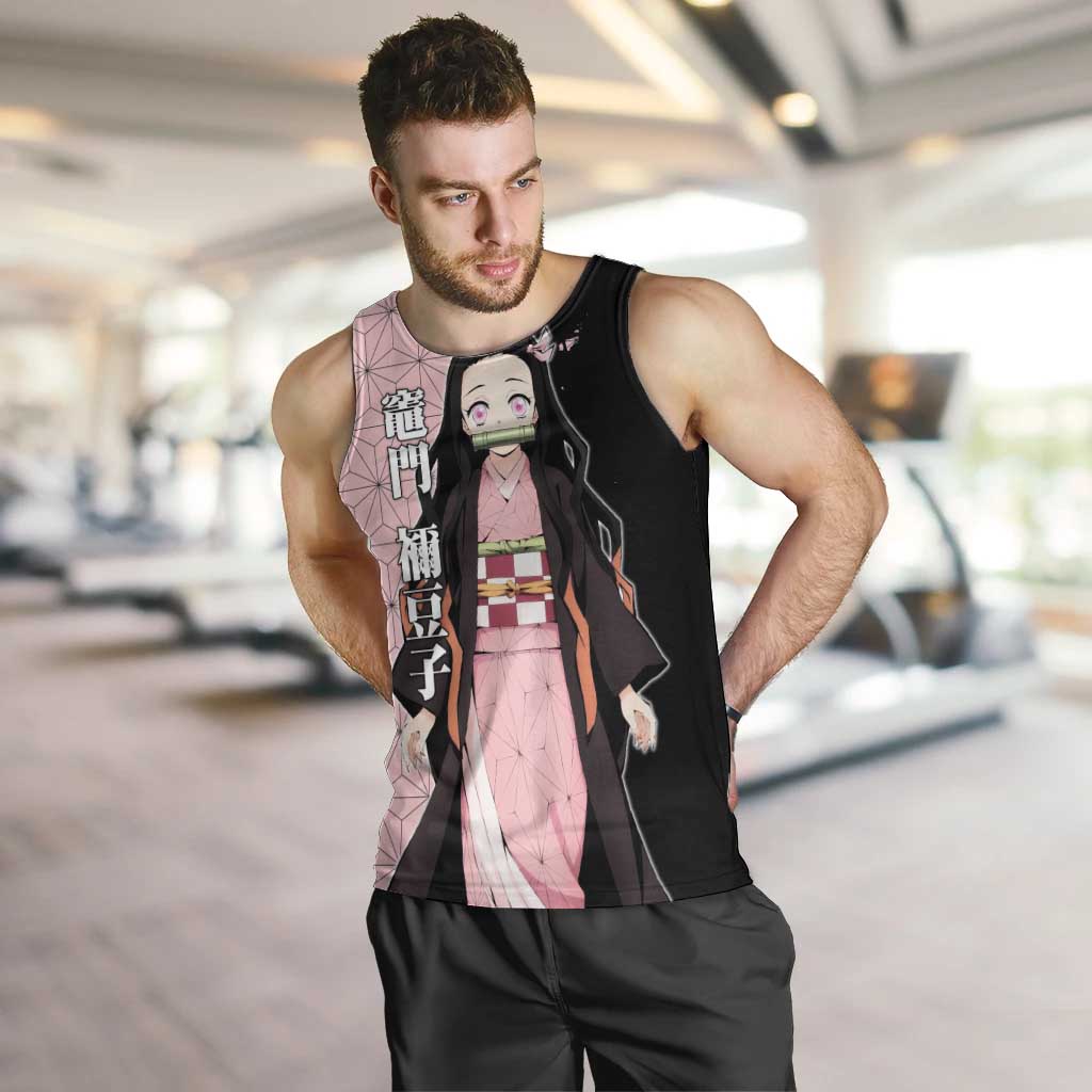 Nezuko Kamado from Demon Slayer Men Tank Top with Pink Pattern Kimono and Demon Form Flames Design - The Mazicc