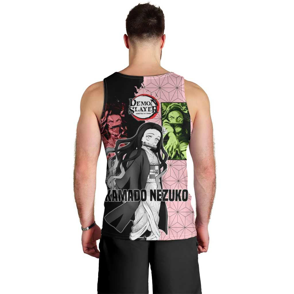 Nezuko Kamado from Demon Slayer Men Tank Top with Pink Pattern Kimono and Demon Form Flames Design - The Mazicc