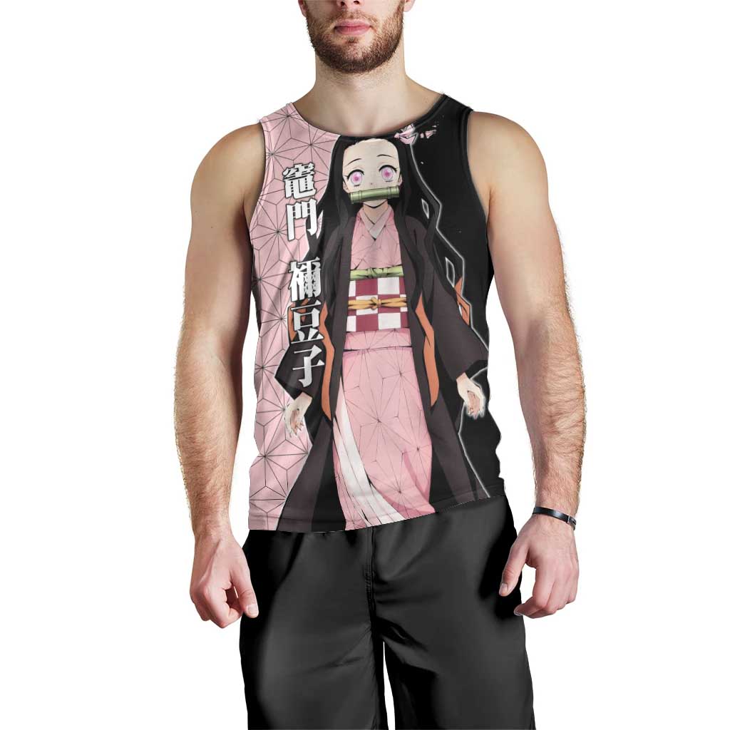 Nezuko Kamado from Demon Slayer Men Tank Top with Pink Pattern Kimono and Demon Form Flames Design - The Mazicc