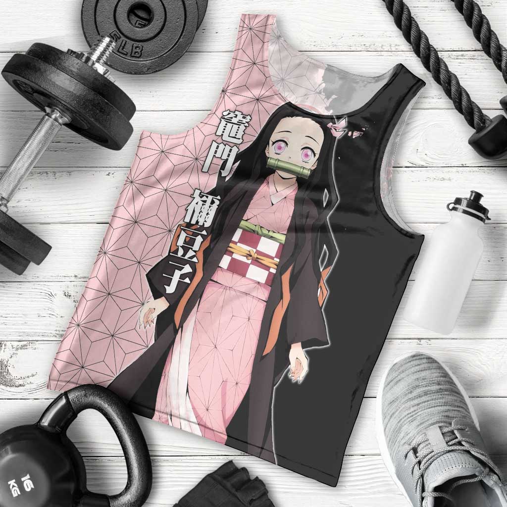 Nezuko Kamado from Demon Slayer Men Tank Top with Pink Pattern Kimono and Demon Form Flames Design - The Mazicc