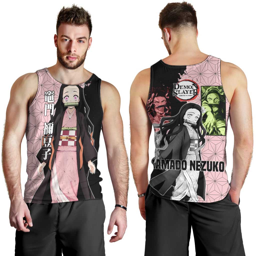 Nezuko Kamado from Demon Slayer Men Tank Top with Pink Pattern Kimono and Demon Form Flames Design - The Mazicc