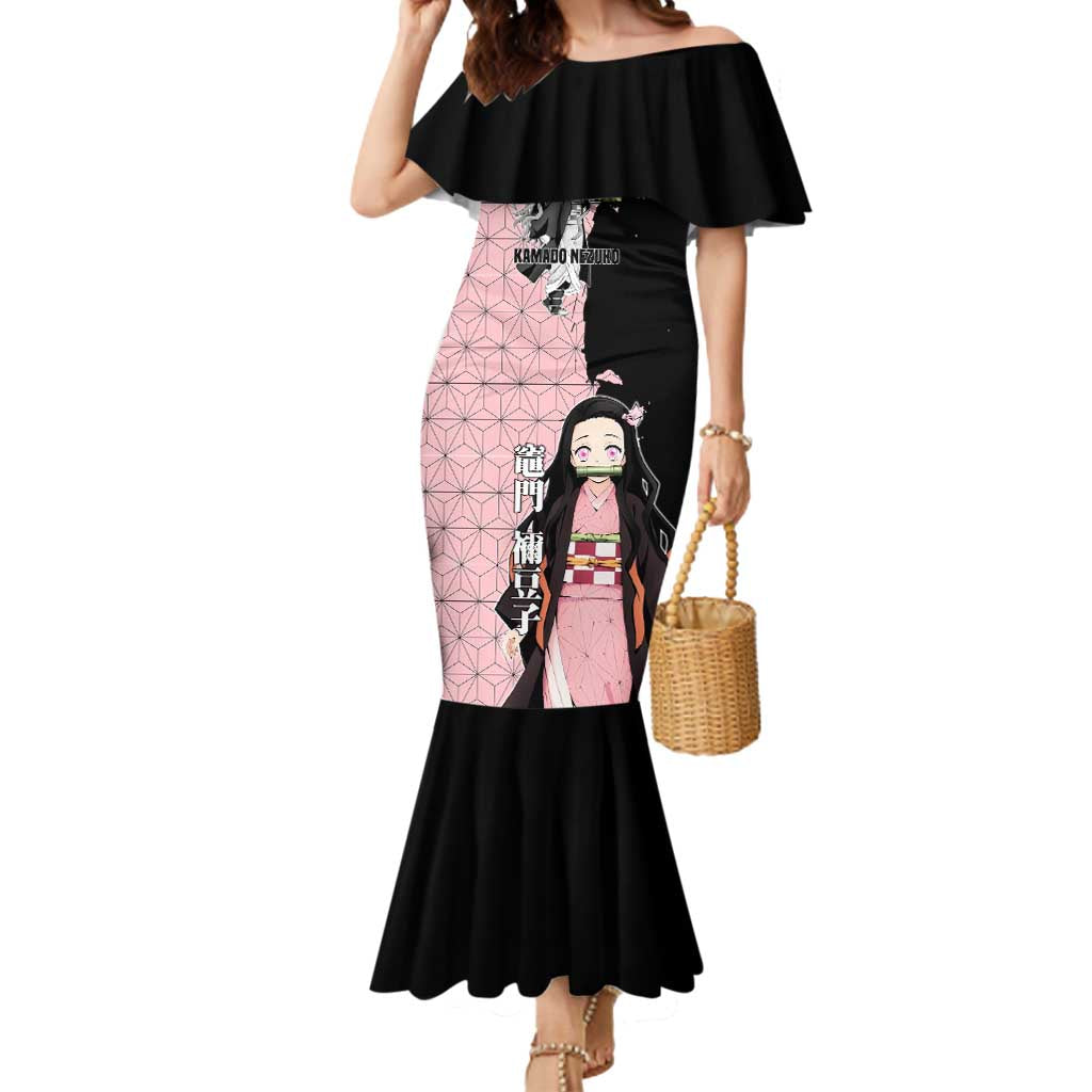 Nezuko Kamado from Demon Slayer Mermaid Dress with Pink Pattern Kimono and Demon Form Flames Design - The Mazicc