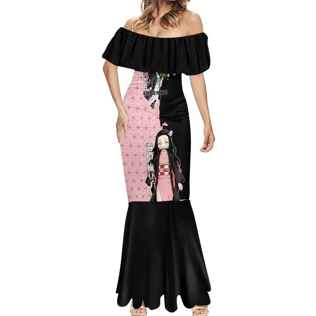 Nezuko Kamado from Demon Slayer Mermaid Dress with Pink Pattern Kimono and Demon Form Flames Design - The Mazicc