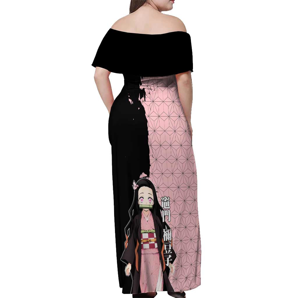 Nezuko Kamado from Demon Slayer Off Shoulder Maxi Dress with Pink Pattern Kimono and Demon Form Flames Design - The Mazicc
