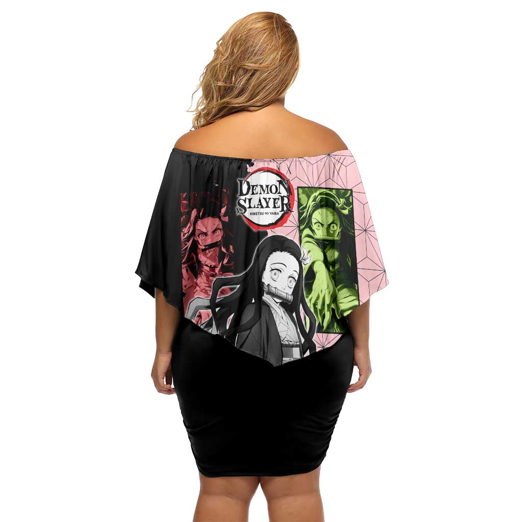 Nezuko Kamado from Demon Slayer Off Shoulder Short Dress with Pink Pattern Kimono and Demon Form Flames Design - The Mazicc