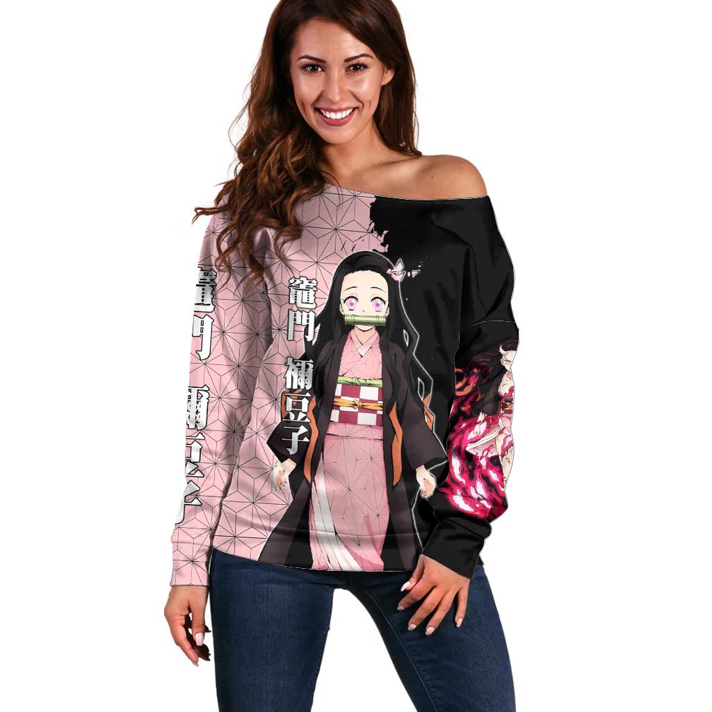 Nezuko Kamado from Demon Slayer Off Shoulder Sweater with Pink Pattern Kimono and Demon Form Flames Design - The Mazicc