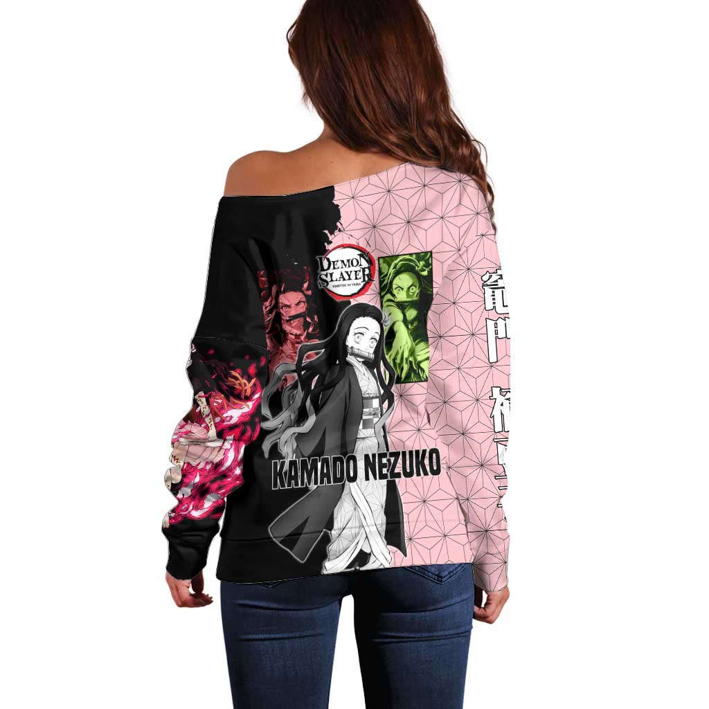 Nezuko Kamado from Demon Slayer Off Shoulder Sweater with Pink Pattern Kimono and Demon Form Flames Design - The Mazicc