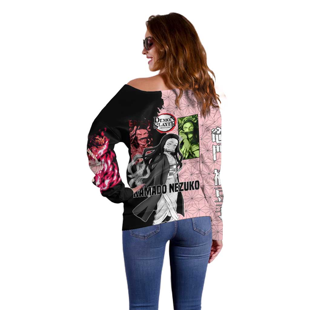 Nezuko Kamado from Demon Slayer Off Shoulder Sweater with Pink Pattern Kimono and Demon Form Flames Design - The Mazicc