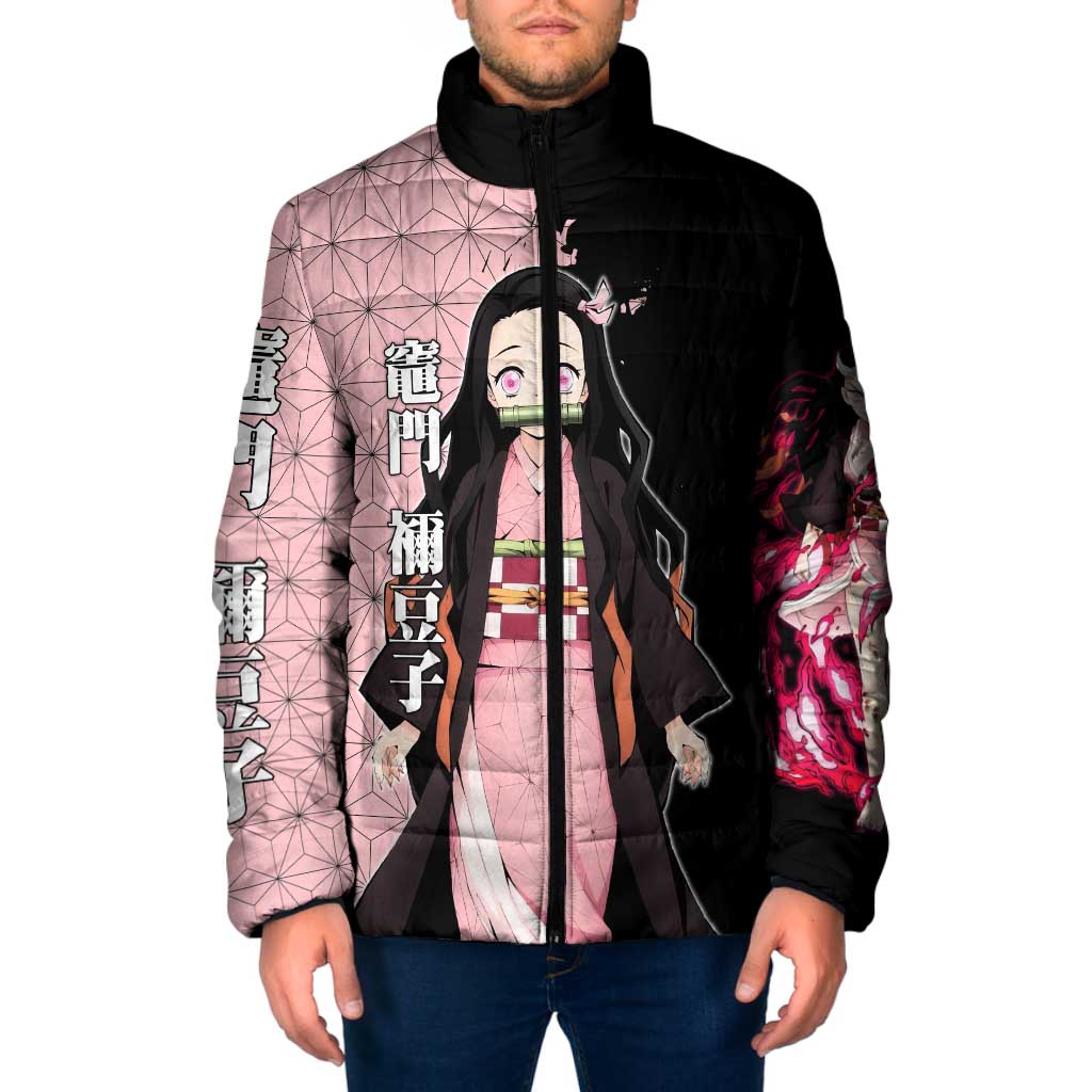 Nezuko Kamado from Demon Slayer Padded Jacket with Pink Pattern Kimono and Demon Form Flames Design - The Mazicc