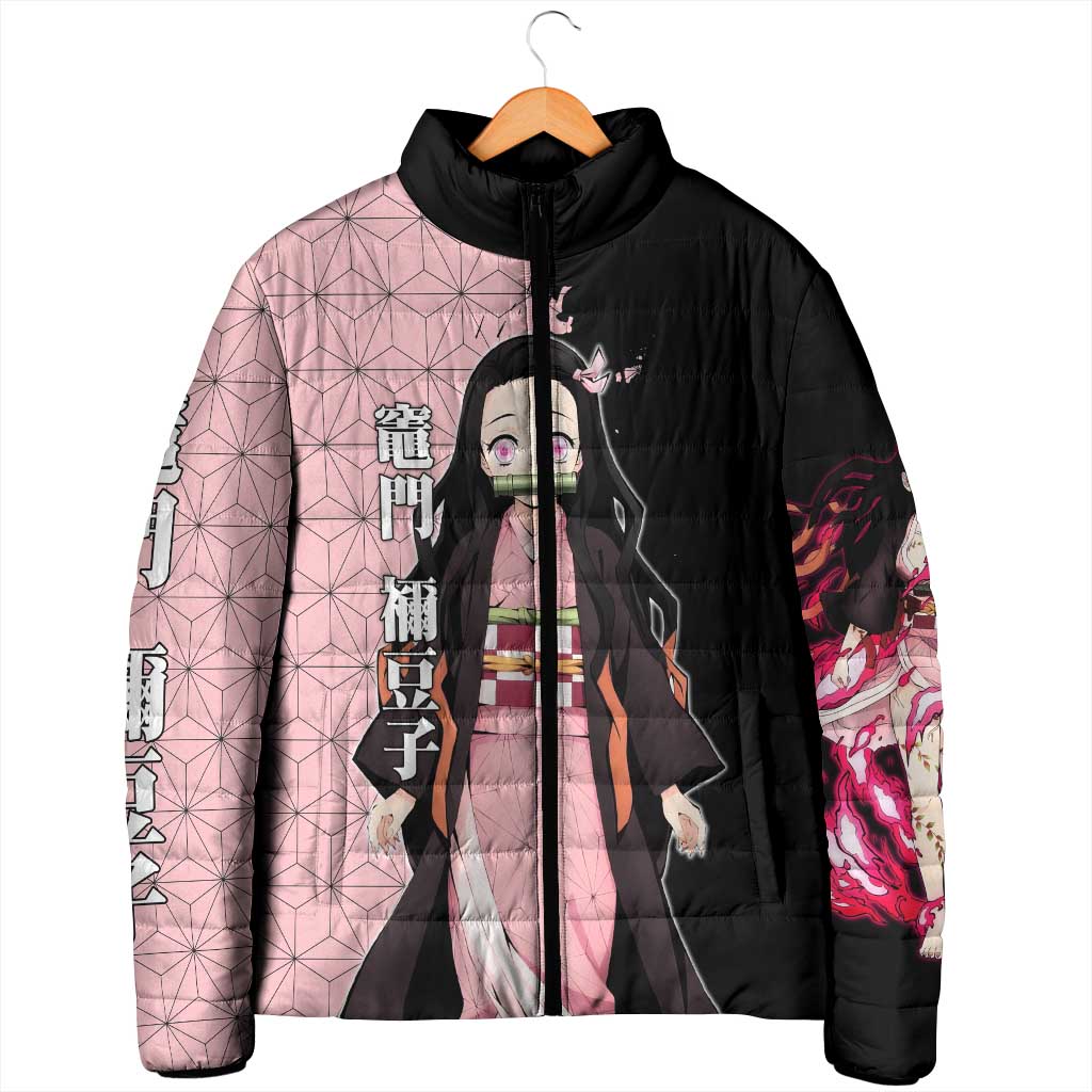 Nezuko Kamado from Demon Slayer Padded Jacket with Pink Pattern Kimono and Demon Form Flames Design - The Mazicc