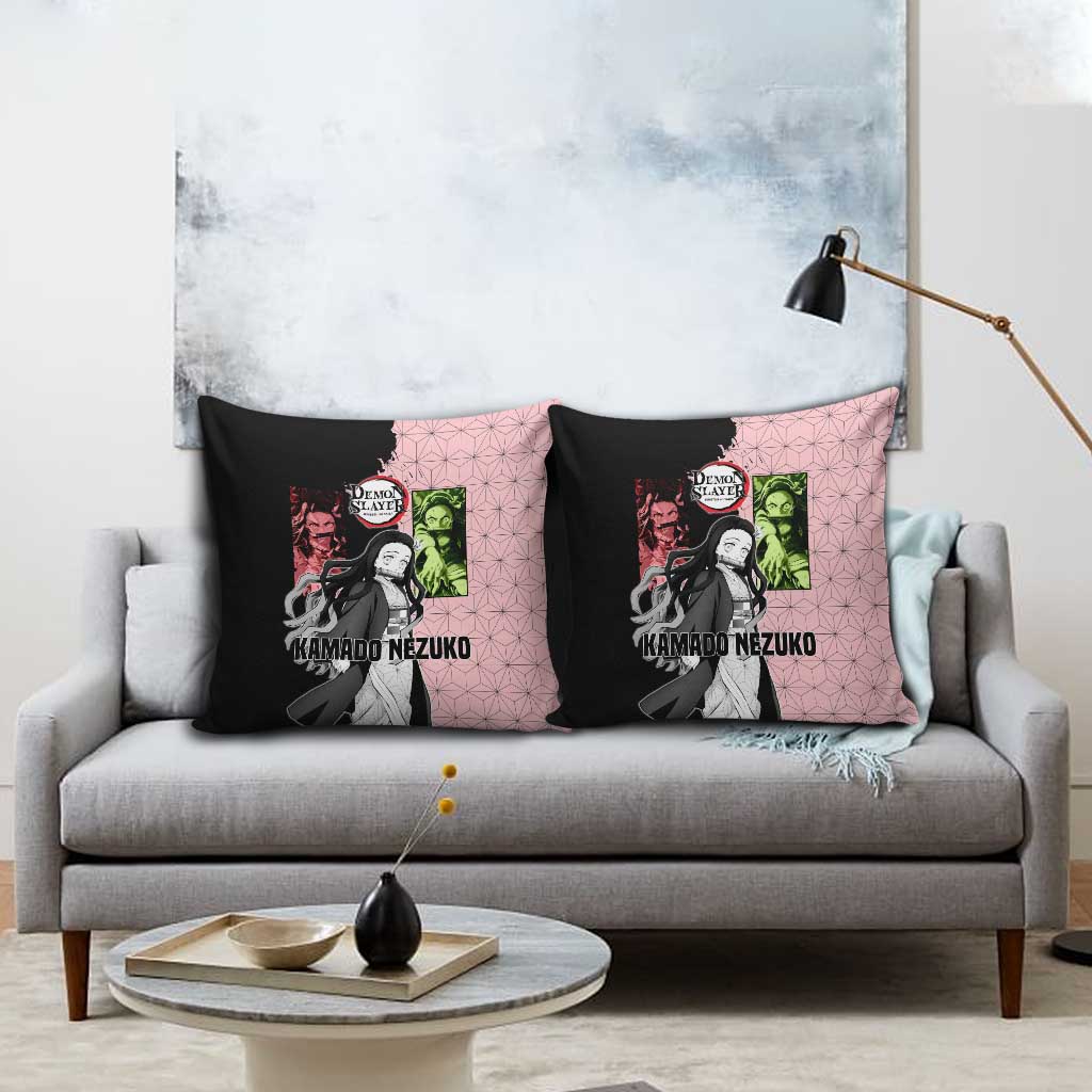 Nezuko Kamado from Demon Slayer Pillow Cover with Pink Pattern Kimono and Demon Form Flames Design - The Mazicc