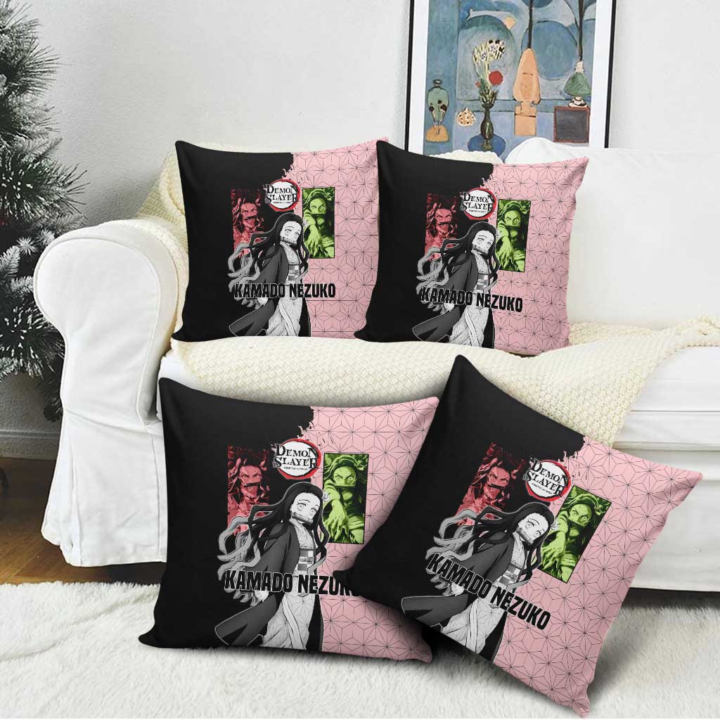Nezuko Kamado from Demon Slayer Pillow Cover with Pink Pattern Kimono and Demon Form Flames Design - The Mazicc