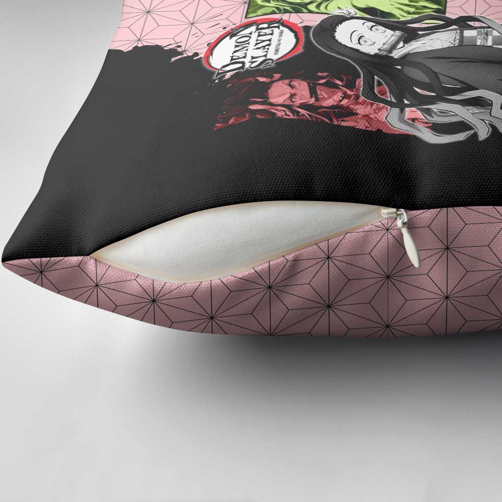 Nezuko Kamado from Demon Slayer Pillow Cover with Pink Pattern Kimono and Demon Form Flames Design - The Mazicc