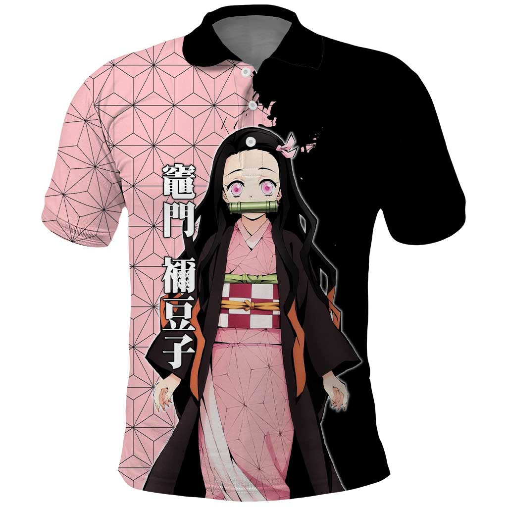 Nezuko Kamado from Demon Slayer Polo Shirt with Pink Pattern Kimono and Demon Form Flames Design - The Mazicc