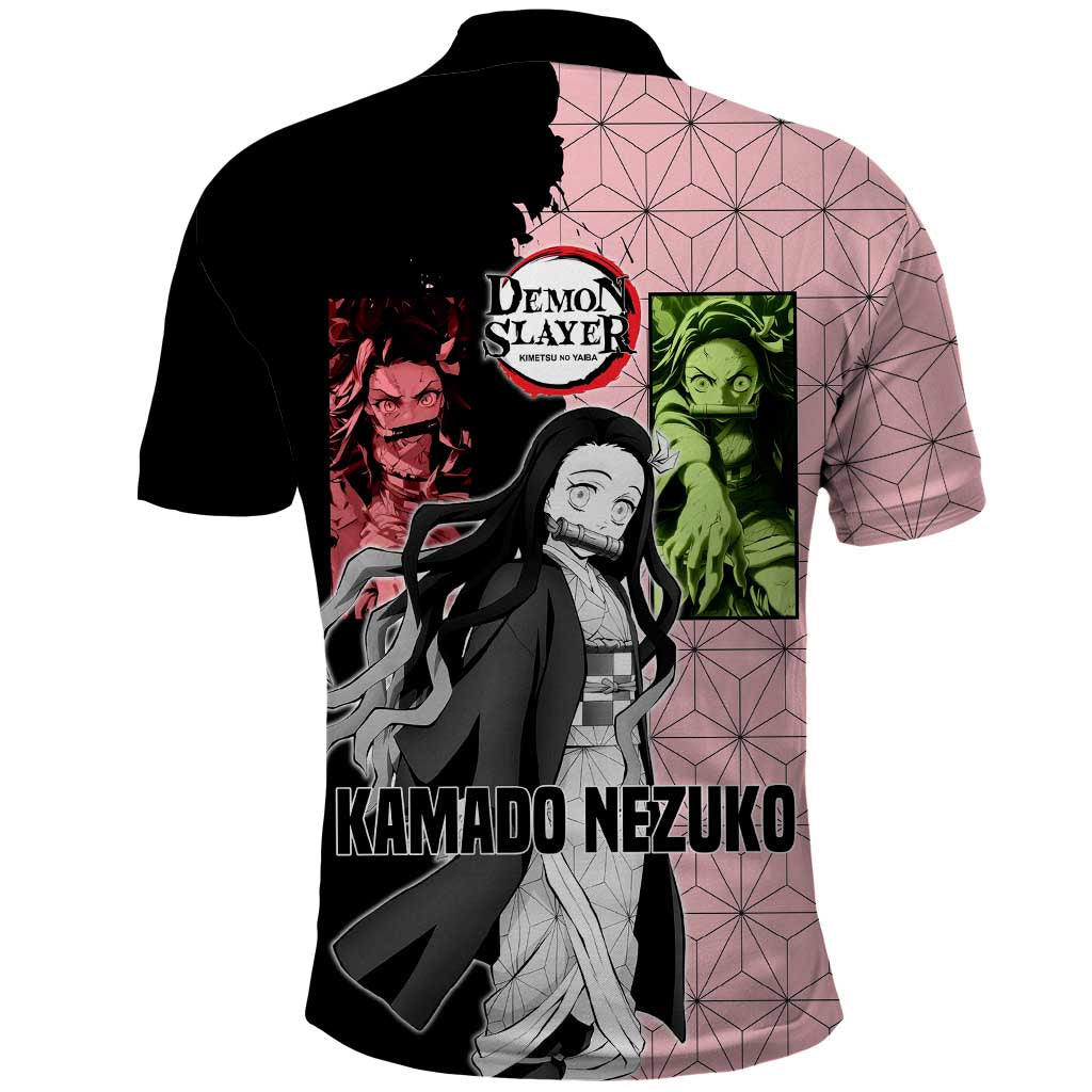 Nezuko Kamado from Demon Slayer Polo Shirt with Pink Pattern Kimono and Demon Form Flames Design - The Mazicc