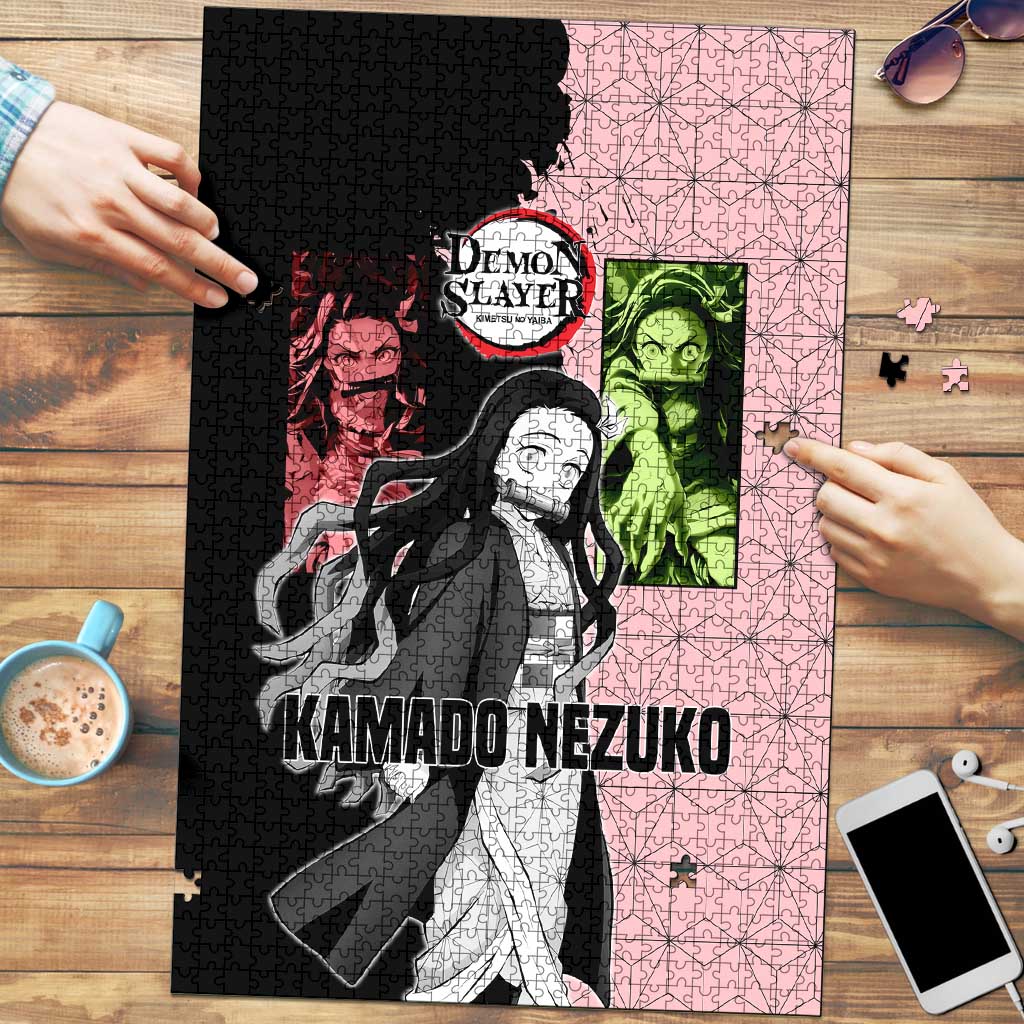 Nezuko Kamado from Demon Slayer Puzzle with Pink Pattern Kimono and Demon Form Flames Design - The Mazicc
