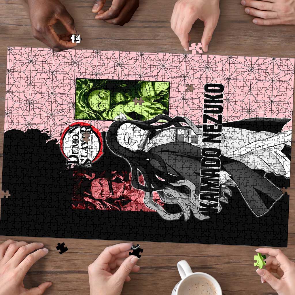 Nezuko Kamado from Demon Slayer Puzzle with Pink Pattern Kimono and Demon Form Flames Design - The Mazicc