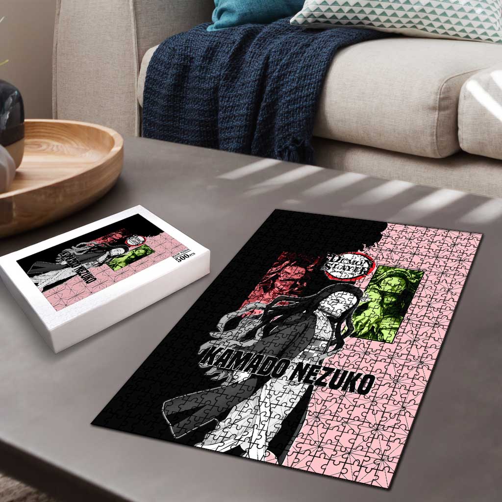 Nezuko Kamado from Demon Slayer Puzzle with Pink Pattern Kimono and Demon Form Flames Design - The Mazicc