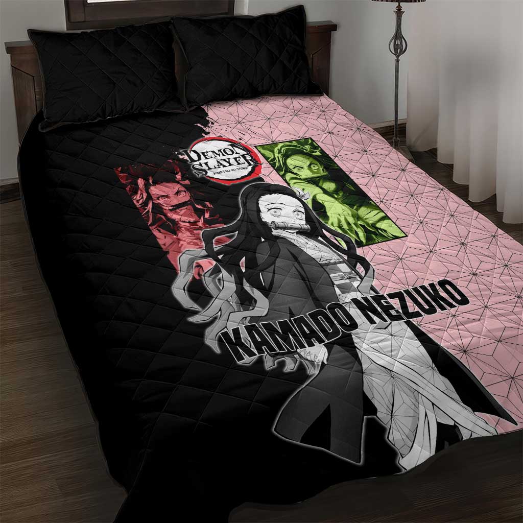 Nezuko Kamado from Demon Slayer Quilt Bed Set with Pink Pattern Kimono and Demon Form Flames Design - The Mazicc
