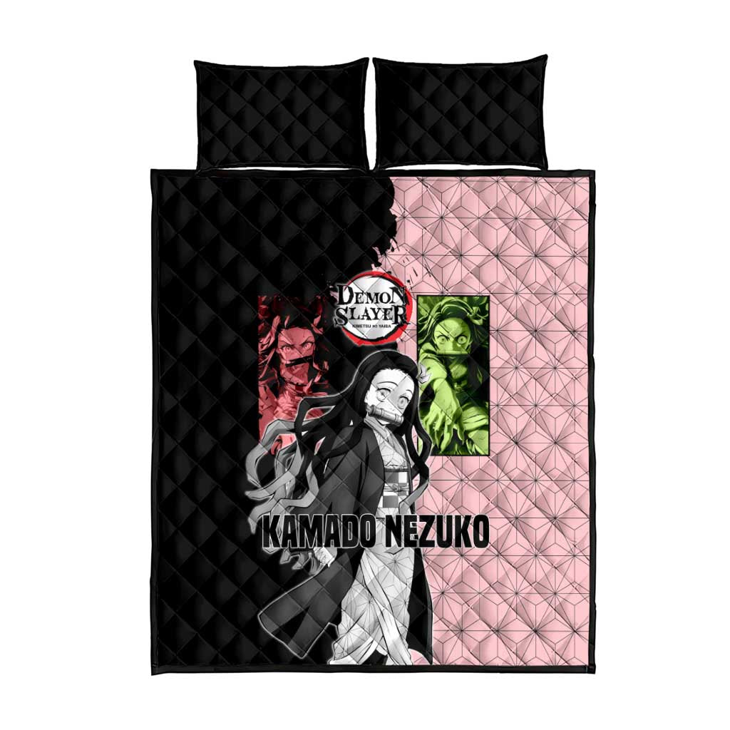 Nezuko Kamado from Demon Slayer Quilt Bed Set with Pink Pattern Kimono and Demon Form Flames Design - The Mazicc