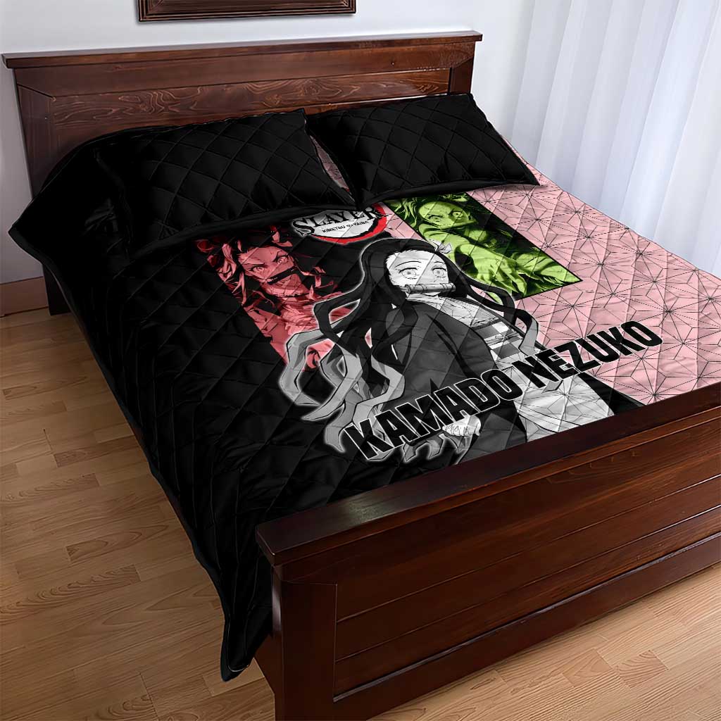 Nezuko Kamado from Demon Slayer Quilt Bed Set with Pink Pattern Kimono and Demon Form Flames Design - The Mazicc