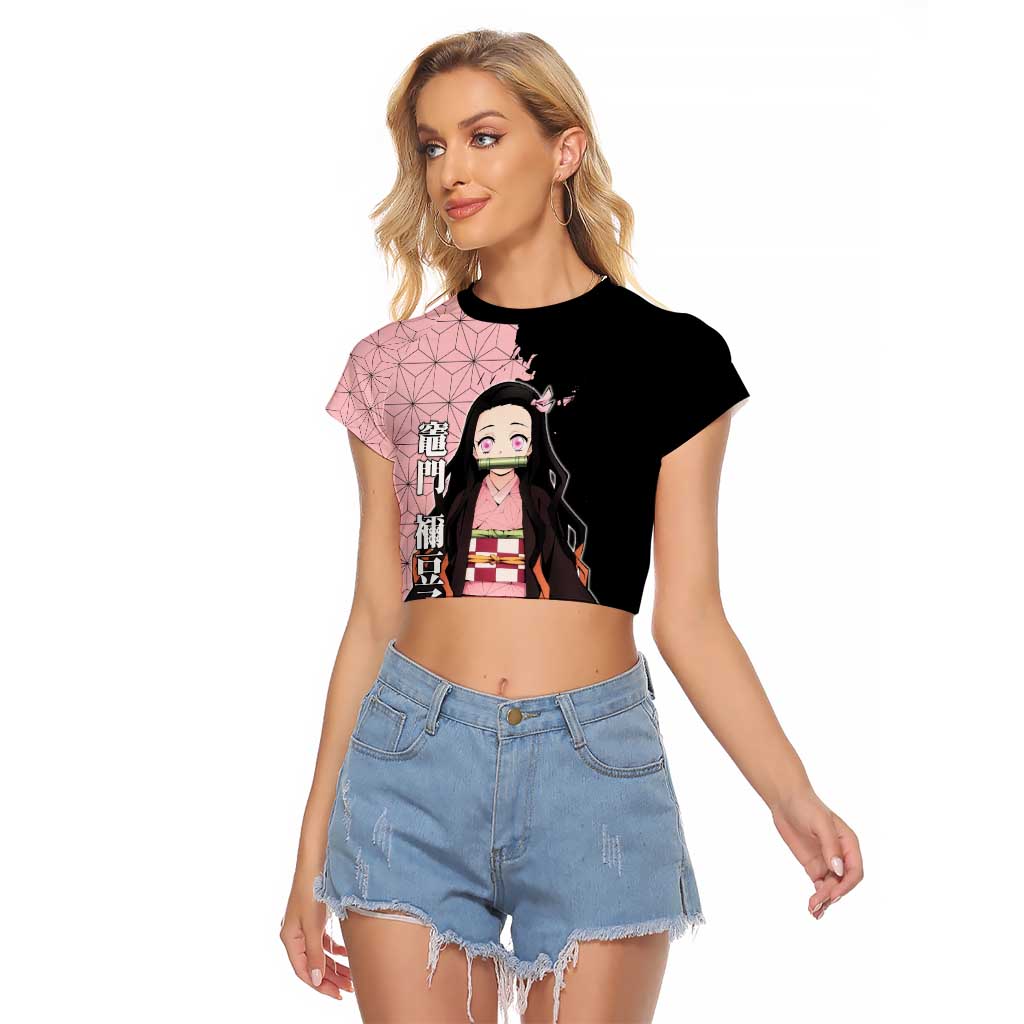 Nezuko Kamado from Demon Slayer Raglan Cropped T Shirt with Pink Pattern Kimono and Demon Form Flames Design - The Mazicc