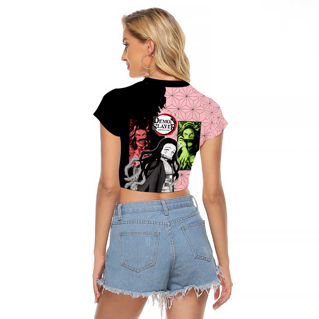 Nezuko Kamado from Demon Slayer Raglan Cropped T Shirt with Pink Pattern Kimono and Demon Form Flames Design - The Mazicc