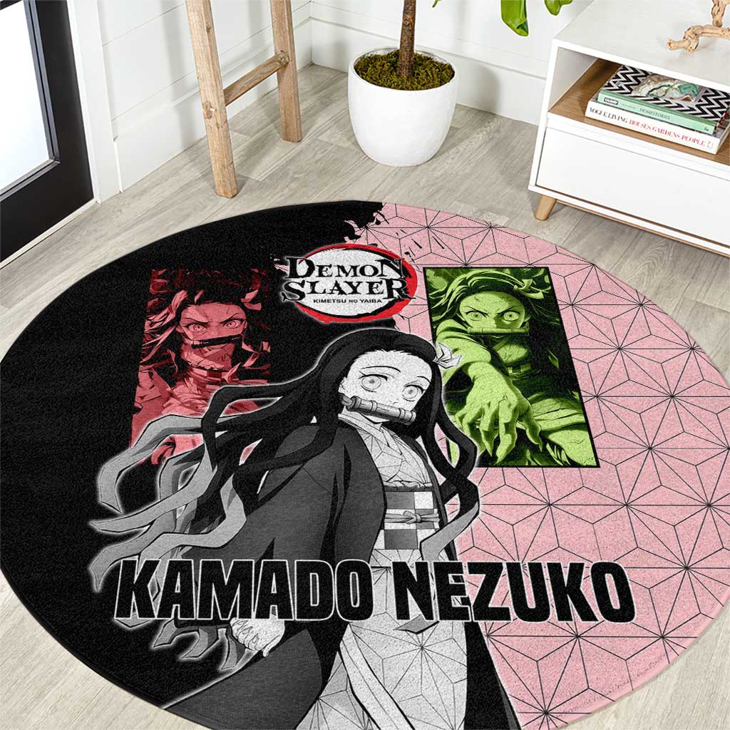 Nezuko Kamado from Demon Slayer Round Carpet with Pink Pattern Kimono and Demon Form Flames Design - The Mazicc