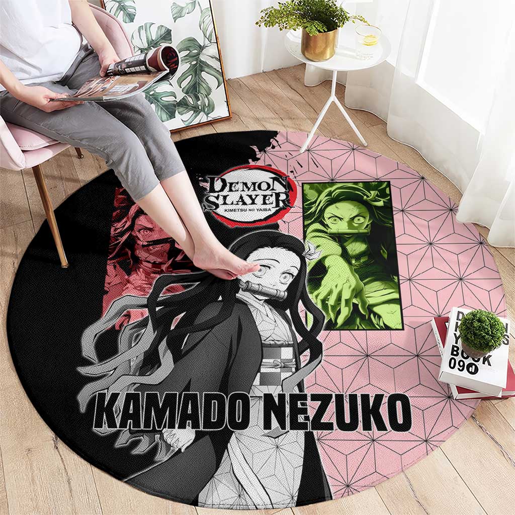 Nezuko Kamado from Demon Slayer Round Carpet with Pink Pattern Kimono and Demon Form Flames Design - The Mazicc