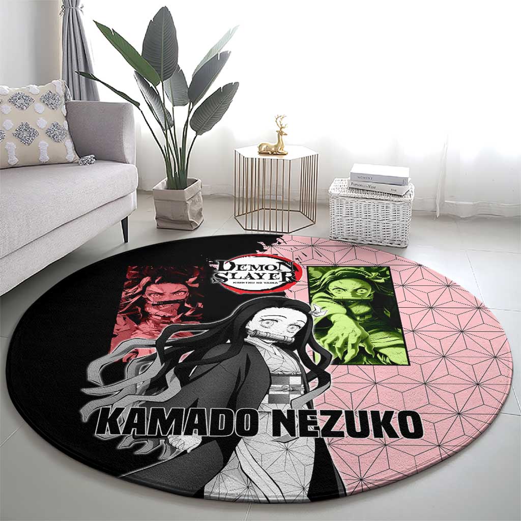 Nezuko Kamado from Demon Slayer Round Carpet with Pink Pattern Kimono and Demon Form Flames Design - The Mazicc