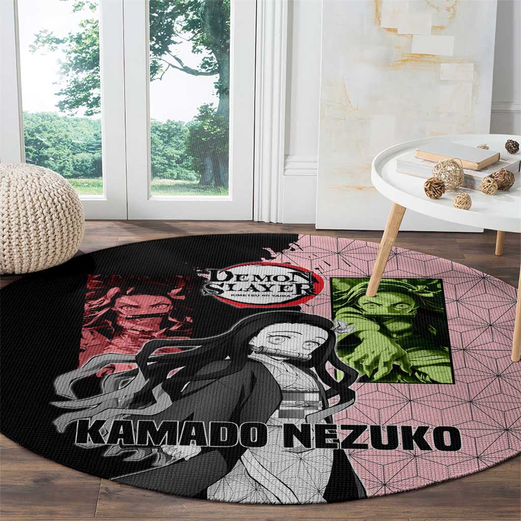 Nezuko Kamado from Demon Slayer Round Carpet with Pink Pattern Kimono and Demon Form Flames Design - The Mazicc