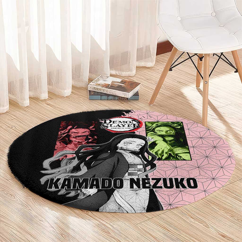 Nezuko Kamado from Demon Slayer Round Carpet with Pink Pattern Kimono and Demon Form Flames Design - The Mazicc
