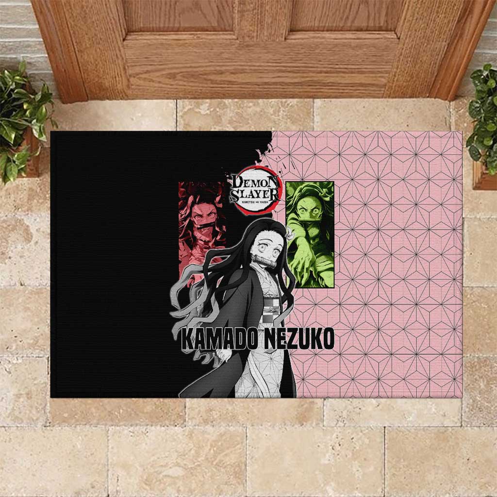 Nezuko Kamado from Demon Slayer Rubber Doormat with Pink Pattern Kimono and Demon Form Flames Design - The Mazicc
