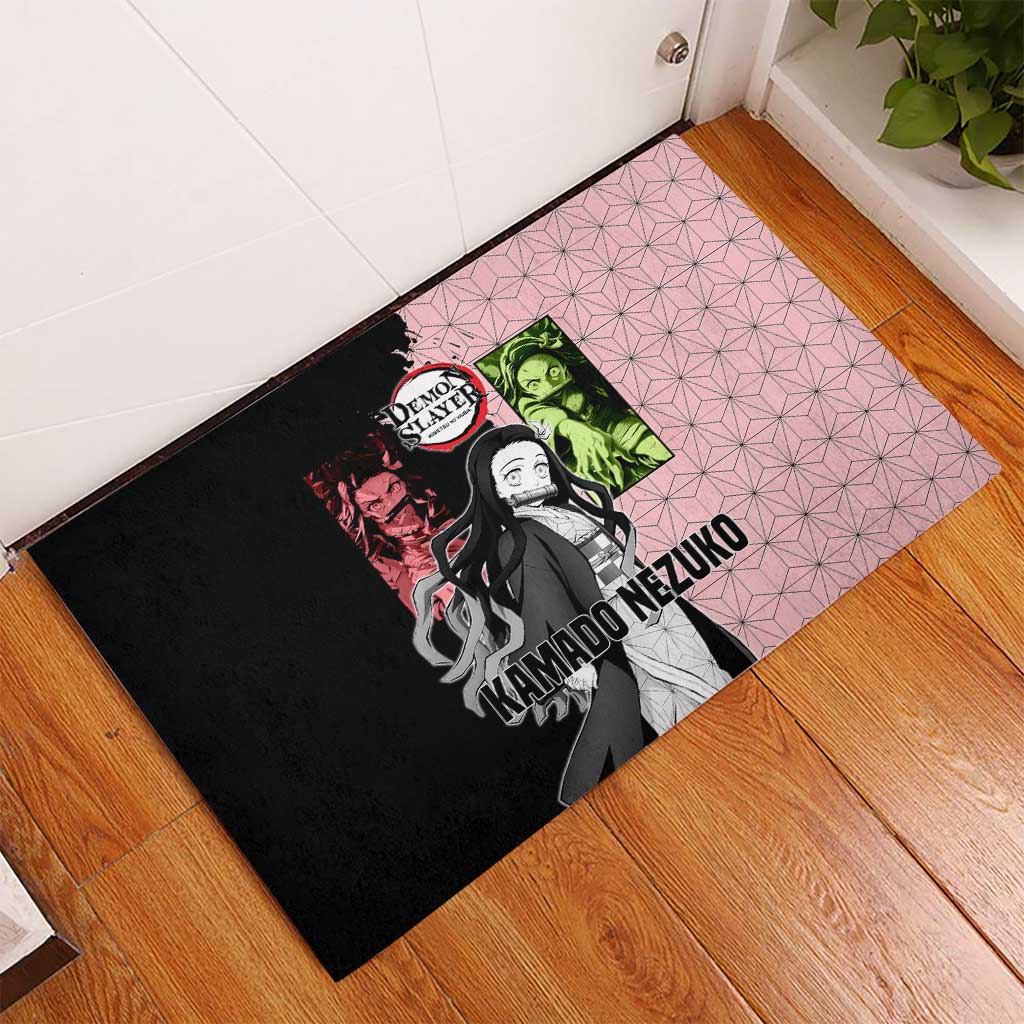 Nezuko Kamado from Demon Slayer Rubber Doormat with Pink Pattern Kimono and Demon Form Flames Design - The Mazicc