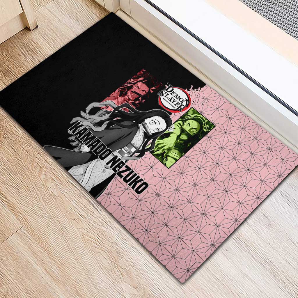 Nezuko Kamado from Demon Slayer Rubber Doormat with Pink Pattern Kimono and Demon Form Flames Design - The Mazicc